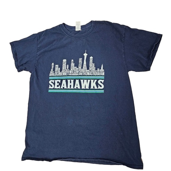 Large NFL Seattle Seahawks Skyline T Shirt Players Names Dark Blue A+ - Picture 1 of 3
